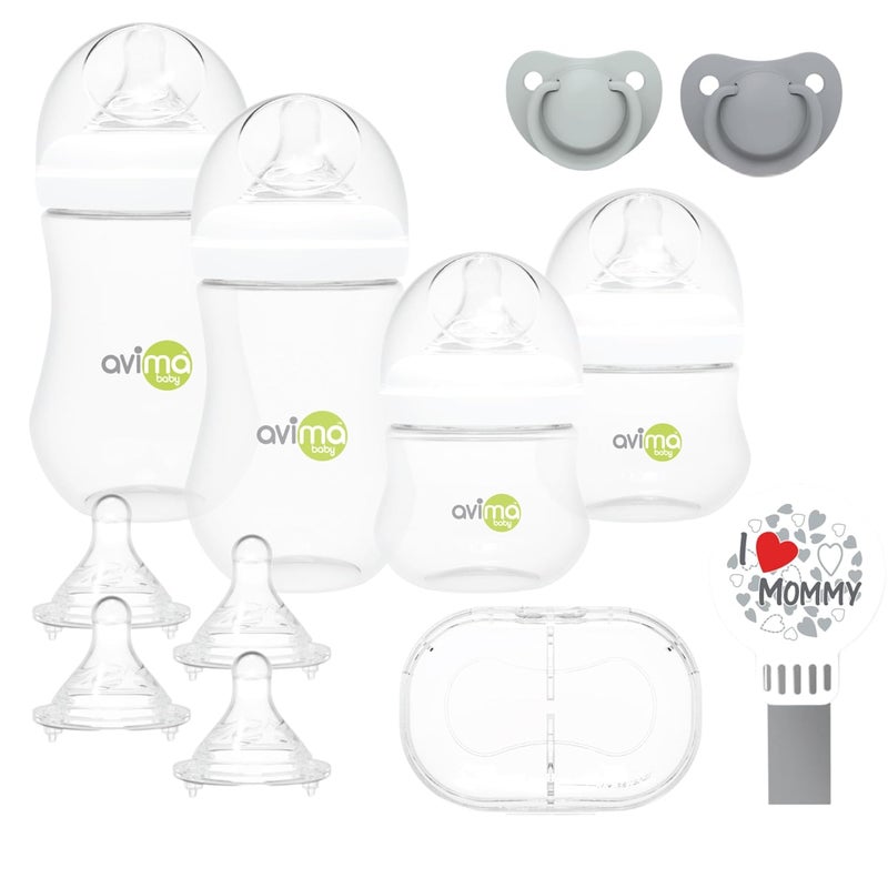 AVIMA Baby Wide Neck Bottle Starter Kit – 12 Piece Set. Anti Colic Feeding Set w/ 4 oz & 9 oz Baby Bottles, Slow & Medium Flow Nipples & Pacifiers, BPA Free - Image 1